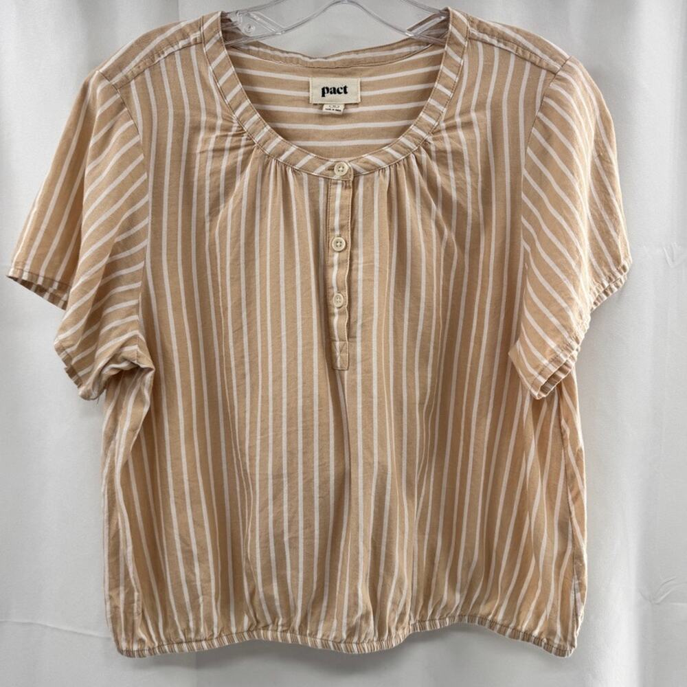 Pact Stripe Top Tan White Elastic Waistband Minimalist Boxy Sz M Organic Cotton